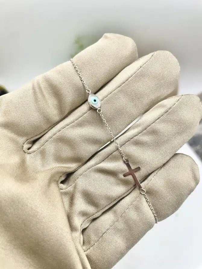 Ασημένιο βραχιόλι 925 με ματάκι και σταυρό