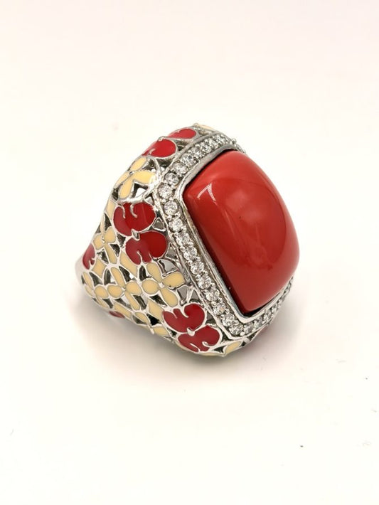 Ασημένιο Δαχτυλίδι 925 με Κοράλλι, Ζιργκόν και Σμάλτο